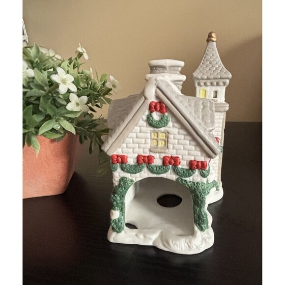 Ceramic Christmas Church Tea Light Candle Trees snow Accents 5.25" Tall Preowned - Picture 5 of 8